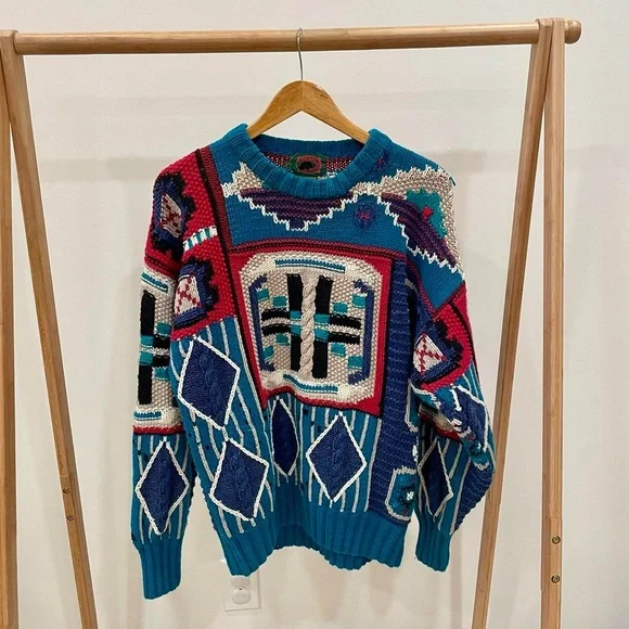 Vintage Southwestern Chunky Textured Abstract Geo Patterned Crewneck Sweater - Picture 2 of 6